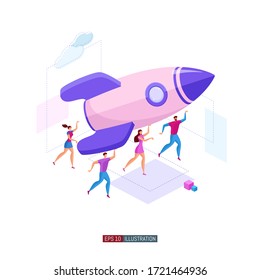 Ilustración plana de moda. Concepto de metáfora de trabajo en equipo. Cooperación de las personas que implementan la idea conjunta.Empresa de inicio. Salón de cohetes. Plantilla para las obras de diseño. Gráficos vectoriales.