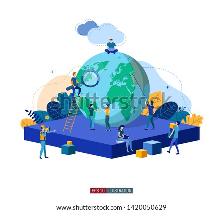 Trendy flat illustration. Teamwork metaphor concept. Globalisation. Learning. Education.  Knowledge. Training. Template for your design works. Vector graphics.