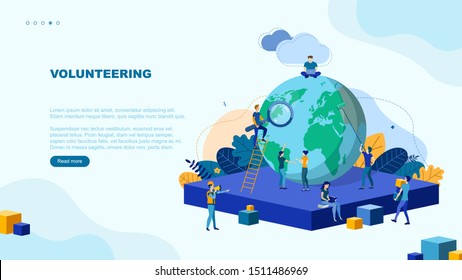 Trendy flat illustration. Volunteering page concept. Save planet. Teamwork metaphor concept. Globalisation. Learning. Education.  Knowledge. Training.Template for your design works. Vector graphics.
