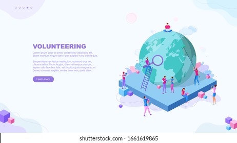 Ilustración plana de moda. Concepto de página de voluntariado. Salvemos al planeta. Concepto de metáfora de trabajo en equipo. Globalización. Aprender. Educación.  Conocimiento. Training.Template para los trabajos de diseño. Gráficos vectoriales.