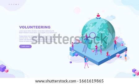 Trendy flat illustration. Volunteering page concept. Save planet. Teamwork metaphor concept. Globalisation. Learning. Education.  Knowledge. Training. Template for your design works. Vector graphics.