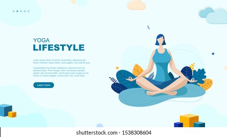 Trendy flat illustration. Yoga Lifestyle page concept. Girl doing yoga. Activity. Fitness. Template for your design works. Vector graphics.