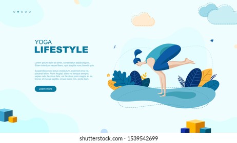 Trendy flat illustration. Yoga Lifestyle page concept. Girl doing yoga. Activity. Fitness. Template for your design works. Vector graphics.