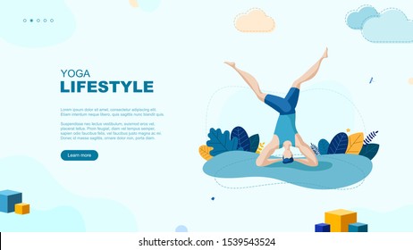 Trendy flat illustration. Yoga Lifestyle page concept. Man doing yoga. Activity. Fitness. Template for your design works. Vector graphics.