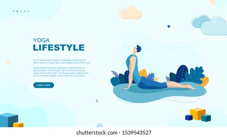 Trendy flat illustration. Yoga Lifestyle page concept. Man doing yoga. Activity. Fitness. Template for your design works. Vector graphics.