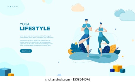 Trendy flat illustration. Yoga Lifestyle page concept. Man and woman doing yoga. Activity. Fitness. Template for your design works. Vector graphics.