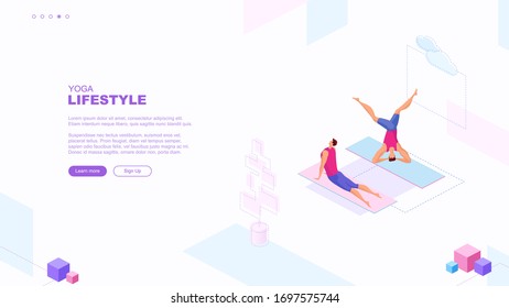 Trendy flat illustration. Yoga Lifestyle page concept. People doing yoga. Activity. Fitness. Template for your design works. Vector graphics.