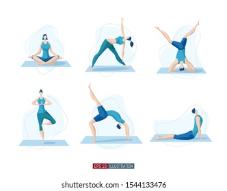Trendy flat illustration. Yoga poses set. Yoga Lifestyle. Man and woman doing yoga. Activity. Fitness. Template for your design works. Vector graphics.
