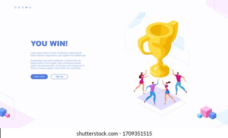  Ilustración plana de moda. Usted gana concepto de página. Victoria. Logro del objetivo. Desafío. Recompensa de la copa. Premio. Maratón. Plantilla para las obras de diseño. Gráficos vectoriales.