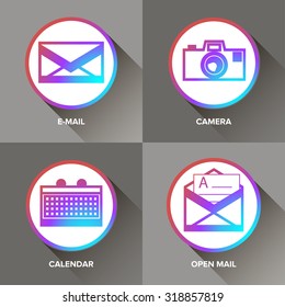 Trendy flat image line apps icons for web, applications in the phone, colorful flat sign, button, the image of the envelope, mail, calendar, mail, e-mail, photo, camera symbol