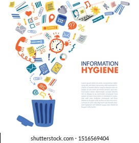 Trendy flat information icons going into a garbage basket. Concept illustration of digital hygiene, input overload and digital detox. Banner template on the white background with text.