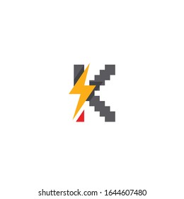 Trendy flat initial K letter logo template with bolt and lightning design. Can be used for web, mobile graphic, electronic or electricity service business, or any purpose related to thunder concept.