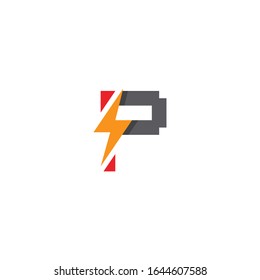 Plantilla de diseño de diseño para el logotipo de la letra P plana con diseño de rayo y perno. Puede ser usado para negocios de servicios web, gráficos móviles, electrónicos o de electricidad, o cualquier propósito relacionado con el concepto de trueno.