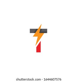 Trendy flache Initial-T-Buchstaben Logo-Vorlage mit Blitz- und Blitzdesign. Kann für Web-, mobile Grafik-, elektronischen oder Stromdienstgeschäfte verwendet werden, oder für alle Zwecke, die mit Donner-Konzept zusammenhängen.