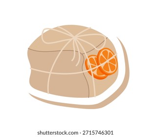Caja de regalo de moda plana kraft con cinta y etiqueta hecha a mano eco. Presente en marrón y naranja, paquete elegante para la Navidad o vacaciones, decoración moderna de acento gráfico, perfecto para el embalaje festivo.
