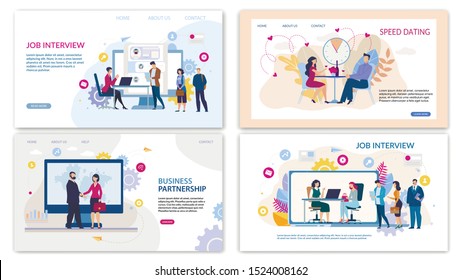 Trendy Flat Landing Page Set for Online Services. Speed Dating for Lonely People, Business Meeting Organization for Company, Job Interview Resources. Vector Cartoon Busy People Illustration