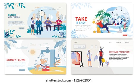 Trendy Flat Landing Pages Set for Business Revenue. Services for Earning Money by Investment or Freelance, Rest, Customers Protection. Businesspeople Characters. Vector Cartoon Illustration