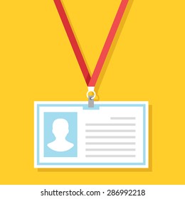 Trendy flat lanyard, name tag holder template. Creative vector illustration isolated on yellow background