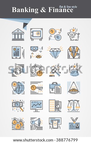 Trendy flat and line Banking and Finance icons collection