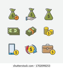 Trendy flache Linie Icon Pack für Designer und Entwickler. Symbole für Geld, Investitionen, Finanzen, Bankwesen, Versicherungen, Finanzierung und Bezahlung, für Websites und mobile Websites und Apps.