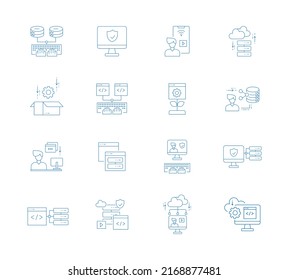 Paquete de iconos de moda de línea plana para diseñadores y desarrolladores. Iconos para el desarrollo de sitios web y aplicaciones, programación, seo, mantenimiento de sitios web, seguridad en línea, diseño receptivo, computación en nube.