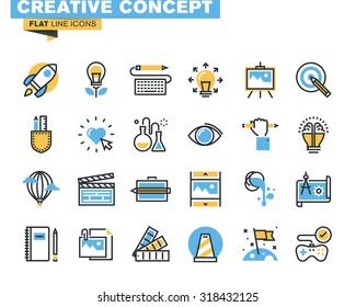 Trendy flat line icon pack for designers and developers. Icons for creative process, design, art, movie, photography, literature, painting, product development, for mobile and websites, and apps. 