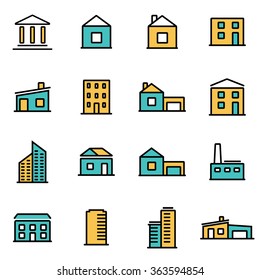 Trendy flat line icon pack for designers and developers. Vector line buildings icon set
