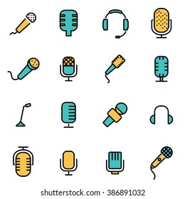 Trendy flat line icon pack for designers and developers. Vector line microphone icon set, microphone icon object, microphone icon picture, microphone icon image - stock vector