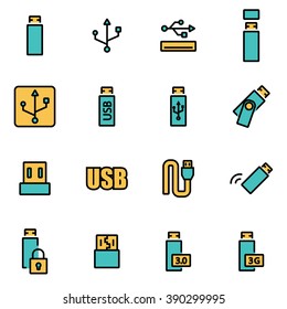 Trendy flat line icon pack for designers and developers. Vector line usb icon set
