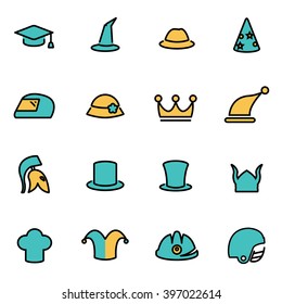 Trendy flat line icon pack for designers and developers. Vector line helmet and hat icon set