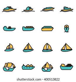 Trendy flat line icon pack for designers and developers. Vector line ship and boat icon set.