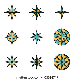 Trendy flat line icon pack for designers and developers. Vector line wind rose icon set.