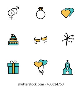 Trendy flat line icon pack for designers and developers. Vector line wedding icon set. 