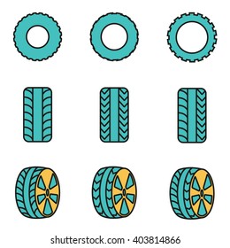 Trendy flat line icon pack for designers and developers. Vector line tire icon set