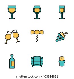 Trendy flat line icon pack for designers and developers. Vector line wine icon set. Glass, bottle, restaurant