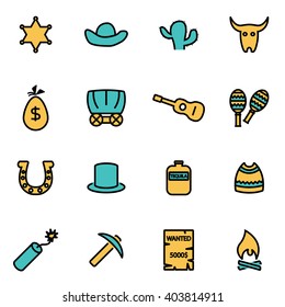 Trendy flat line icon pack for designers and developers. Vector line wild west icon set