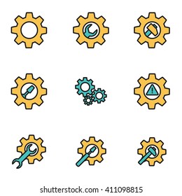 Trendy flat line icon pack for designers and developers. Vector line tools in gear icon set