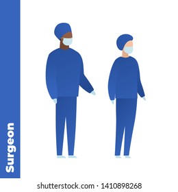 Trendy flat medical character vector cartoon illustration. Set of male and female black and white doctors team. Blue surgical uniform, mask and gloves. Surgery department.