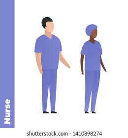 Trendy flat medical character vector cartoon illustration. Set of male and female black and white nurse team. Blue nursery uniform. Common department. Concept of caregiver personel.