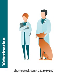 Trendy flat medical character vector cartoon illustration. Set of male and female veterinarian doctor team isolated on white background. Coat uniform, stethoscope, sitting dog and cat. Vet clinic.