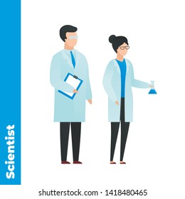 Trendy flat medical character vector cartoon illustration. Set of male and female scientist team standing isolated on white background. Coat uniform, chemical flask, papers. Laboratory.