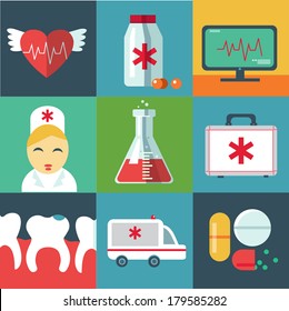 Trendy flat medical icons with shadow. Vector elements