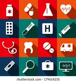 Trendy flat medical icons with shadow. Vector elements