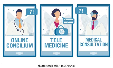 Trendy Flat Mobile Screens Set with Internet Medical Services. Online Medical Consilium and Doctors Consultation, Telemedicine Chat for Remote Disease Determination and Treatment. Vector Illustration