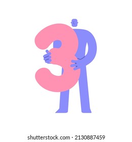 Trendy flat modern character holding number 3, three. Man showing big number. Education, birthday, celebrating achievements concept, sale and discount. Cartoon comic style.