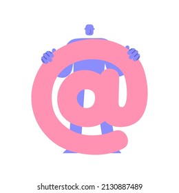 Trendy flat modern character holding at sign. Man showing big symbol. Education, birhtday, celebrating achievements concept, sale and discount. Cartoon comic style.