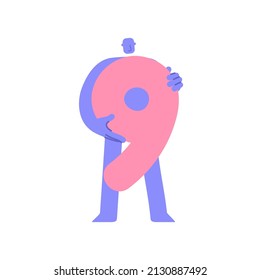 Trendy flat modern character holding number 9, nine. Man showing big number. Education, birthday, celebrating achievements concept, sale and discount. Cartoon comic style.