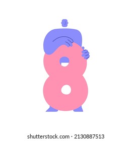 Trendy flat modern character holding number 8, eight. Man showing big number. Education, birthday, celebrating achievements concept, sale and discount. Cartoon comic style.