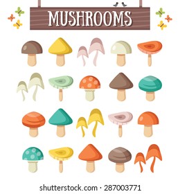 Trendy flat mushrooms set. Beautiful colorful mushrooms. Flat design concepts. Creative vector illustration