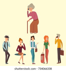 Trendy flat people with phone gadgets group characters using hi tech technology vector illustration.